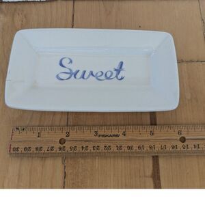 Fishs Eddy Rectangular Ceramic Butter Dish with Sweet Written in Blue